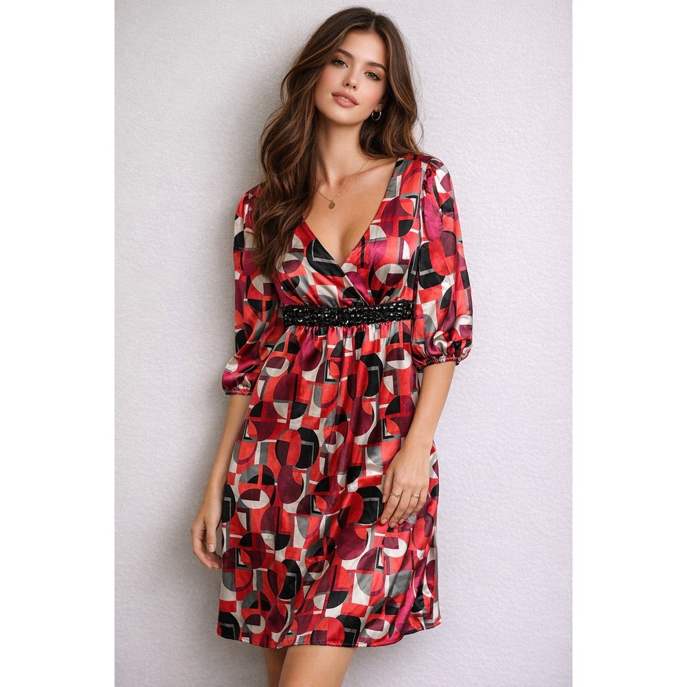Bisou Bisou‎ Dress Womens 12 Red Pink Grey Geometric Beaded Empire Waist V-Neck